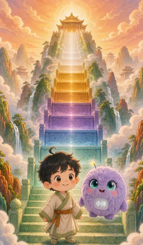 修为殿堂全景：孩子和小伴站在石阶前，脚下的阶梯一路通向云端的宫殿